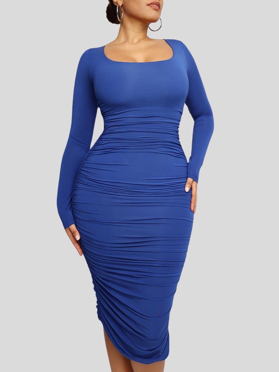 Image of a stylish plus size blue bodycon dress with a square neck and long sleeves.