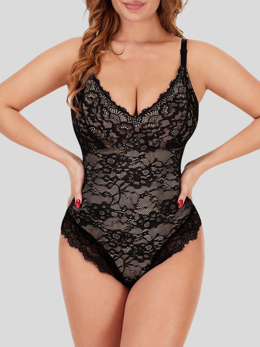 Women's V-Neck Lace Bodysuit with Tummy Control and Backless Design