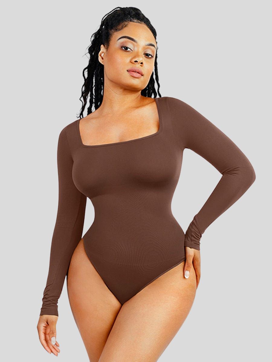 Square Neck Long Sleeve Waist Control Bodysuit