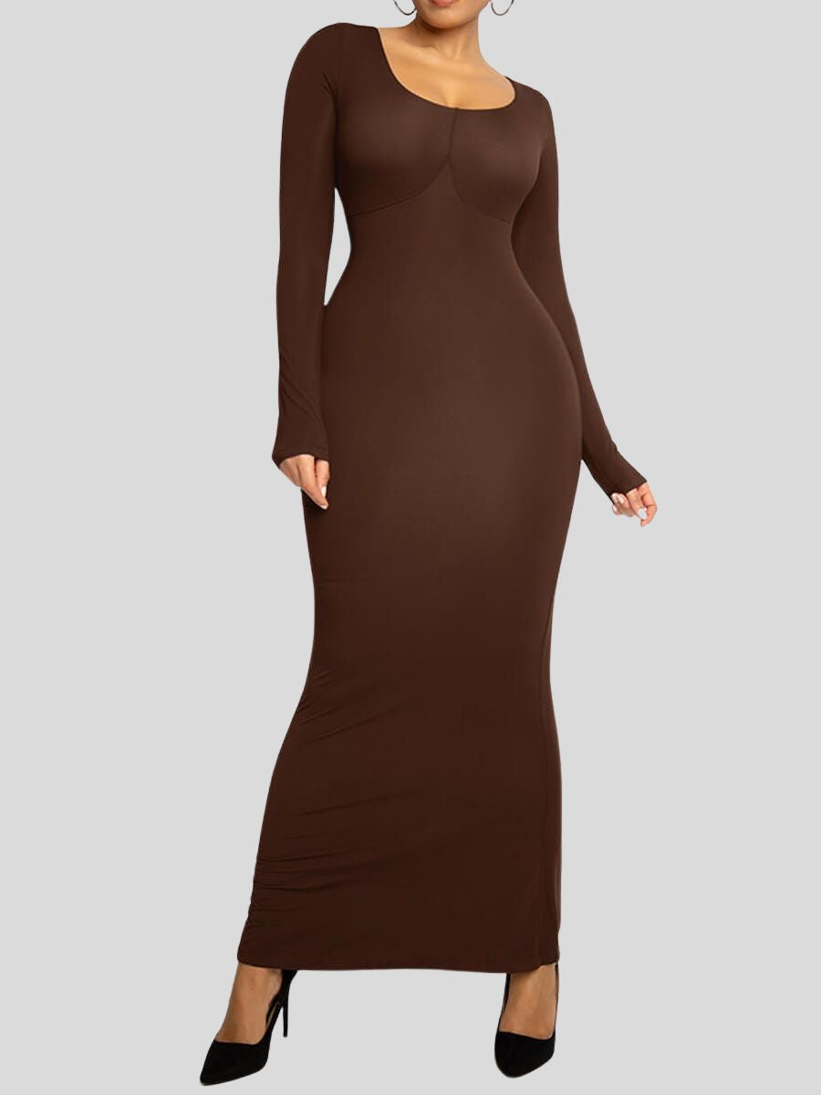 Abdomen Tightening Bulit-in Shapewear Dress Dark Brown