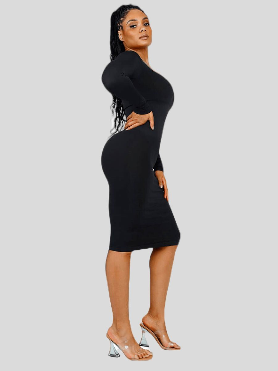 Shaper Dress with Square Neck and Long Sleeves Black