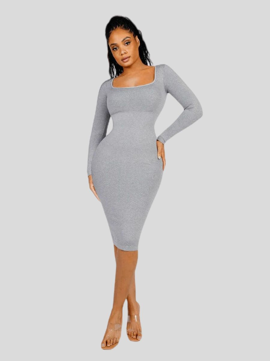 Shaper Dress with Square Neck and Long Sleeves Dark Gray