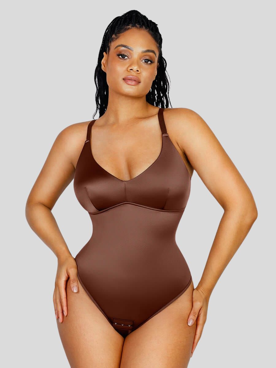 Satin Shaping Thong Bodysuit with Built-in Elastic Mesh Fabric