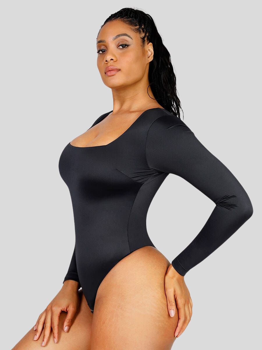 Sleek Square Neck Long Sleeve Thong Bodysuit