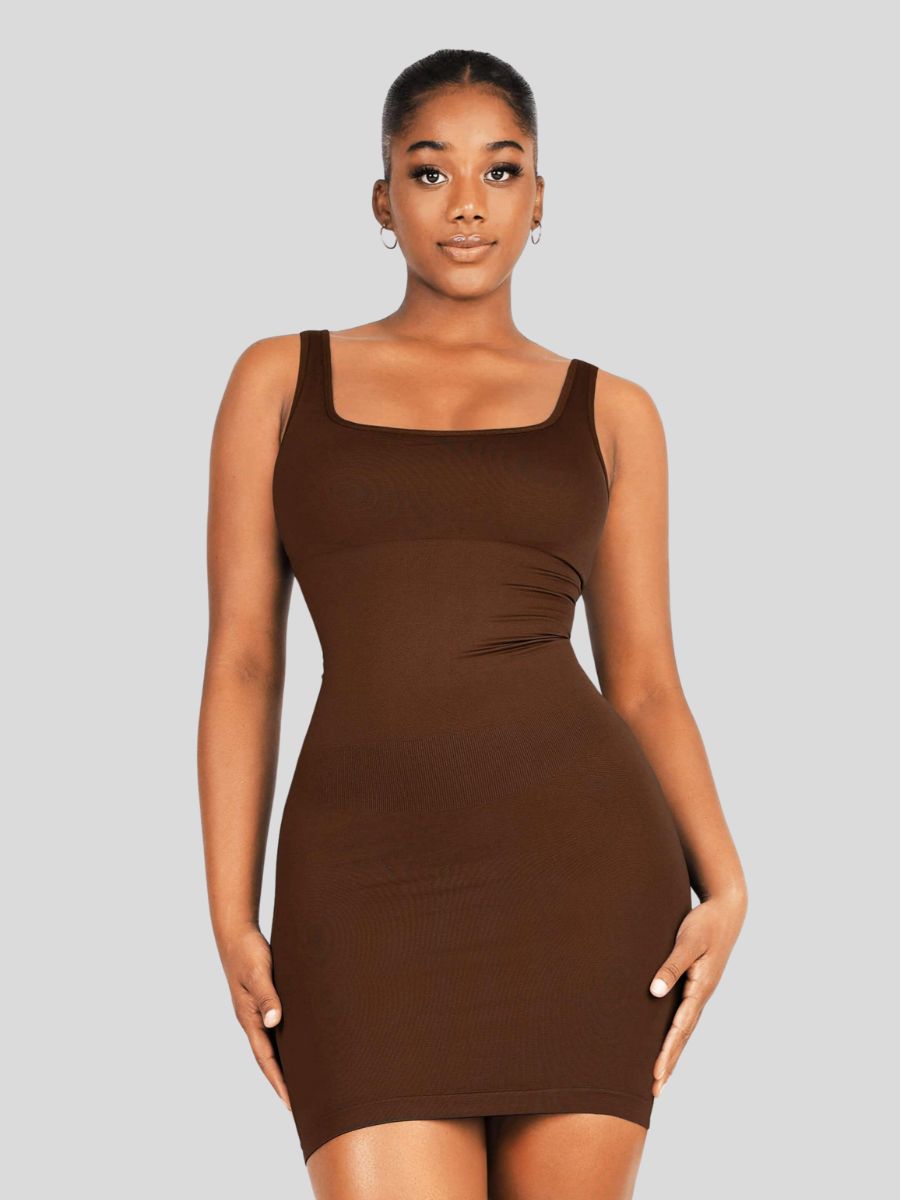 Square-neck Shaper Snatched Seamless Dress Dark Brown