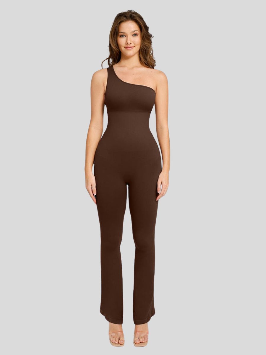 A stylish dark brown jumpsuit with a single shoulder strap, sloped shoulders, and flared bottoms.