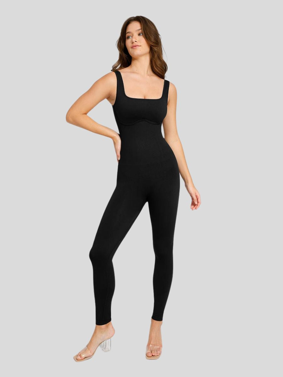 Comfortable black jumpsuit made from stretchy fabric, featuring a U-shaped back and square neck design.