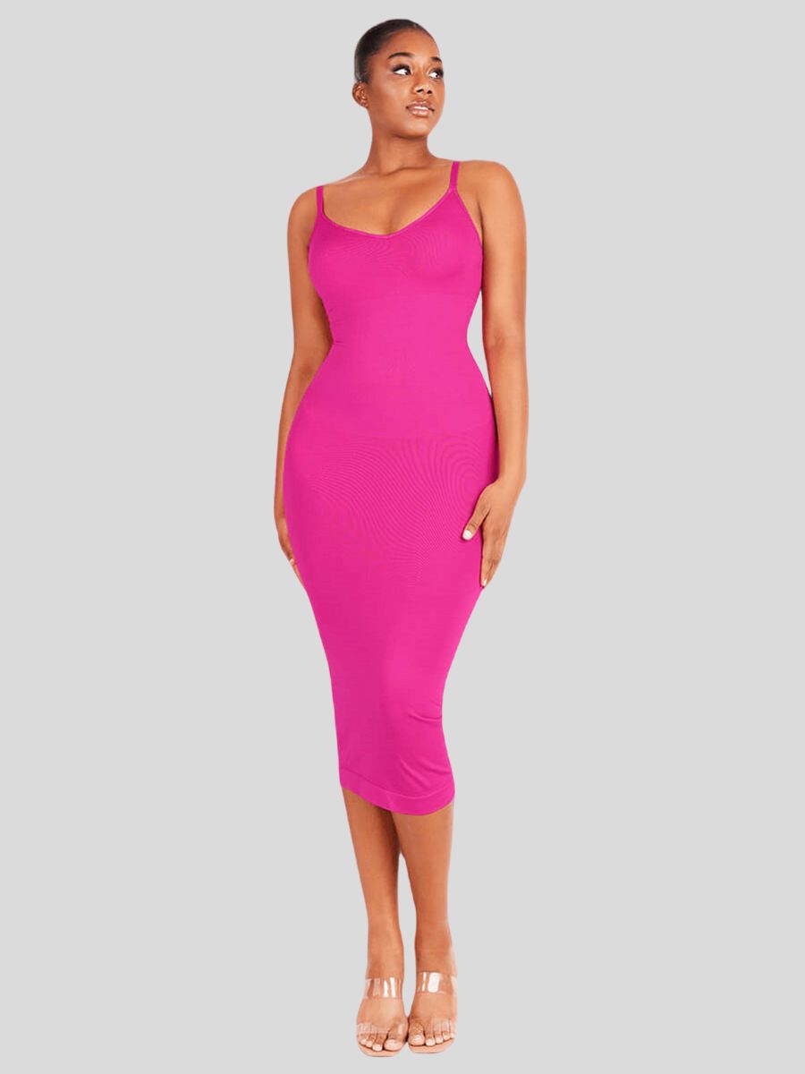 V-neck Seamless Shaper Dress with Spaghetti Straps Pink