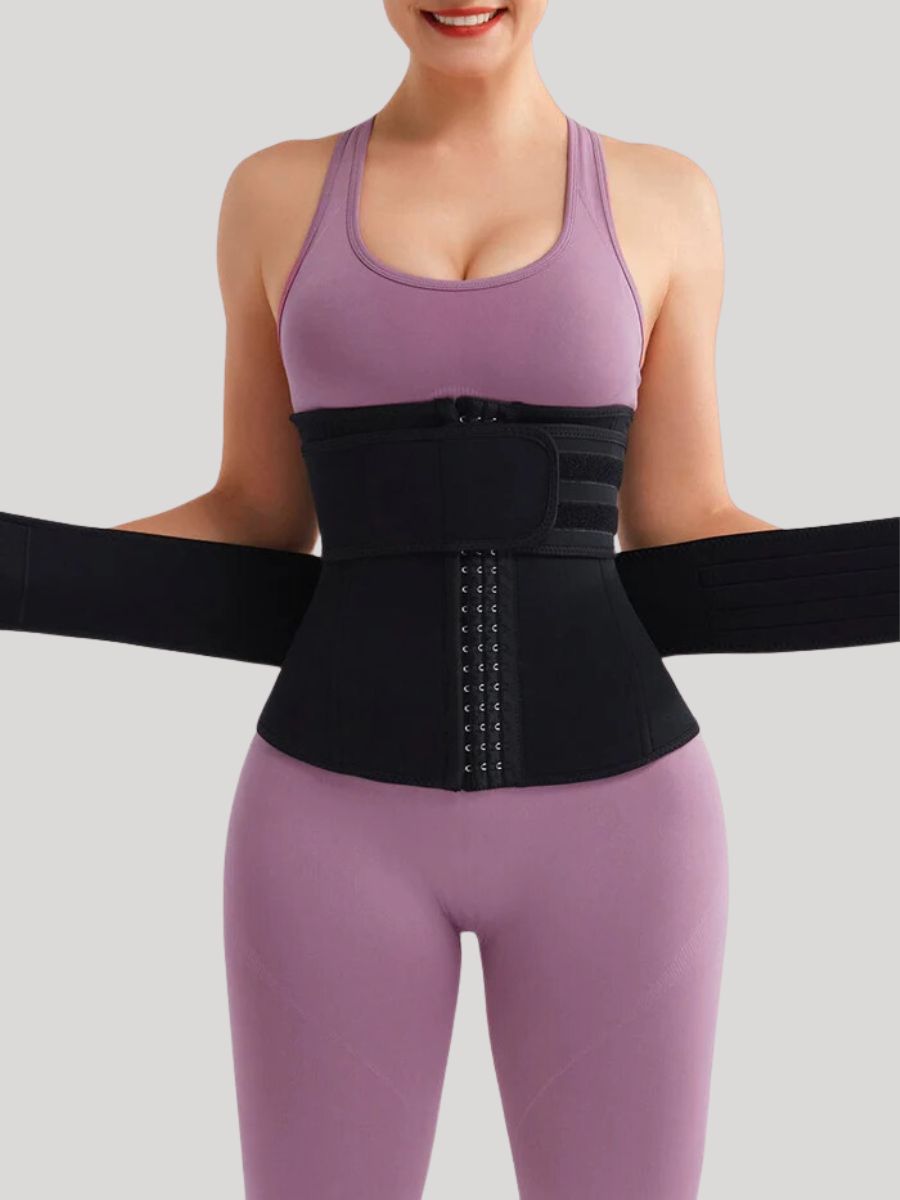 Slimming Tummy Black Neoprene Waist Shaper with Double Belt Hooks black color