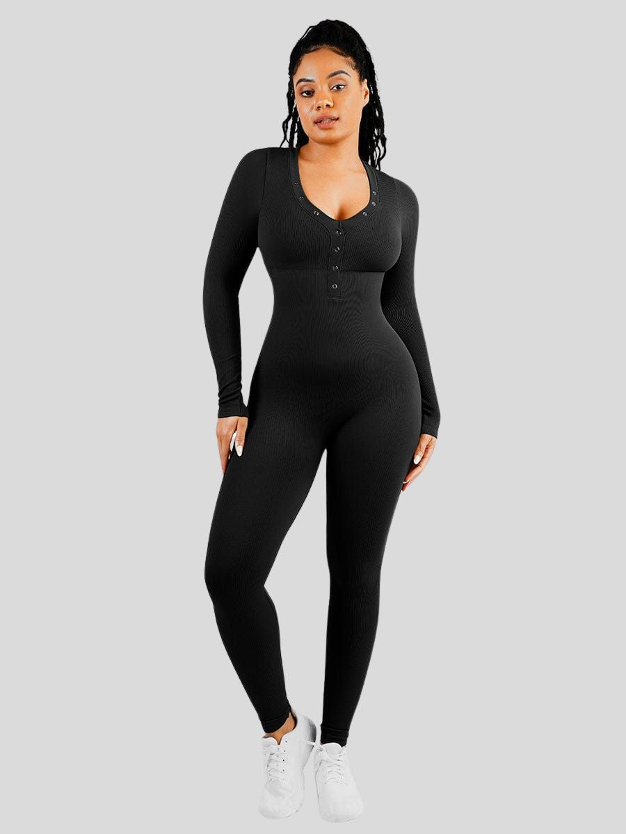 Deep V-neck Stretchy Seamless Tummy Control Jumpsuit Black