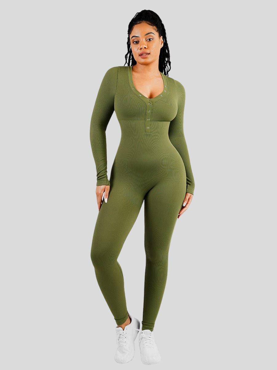 Deep V-neck Stretchy Seamless Tummy Control Jumpsuit Green