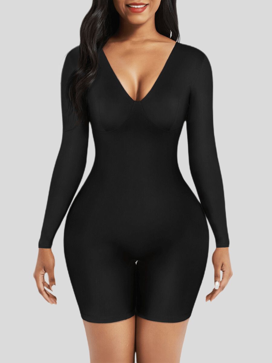 Full Body Shapewear with Deep V-Neckline for Mid-Thigh Tummy Control-black