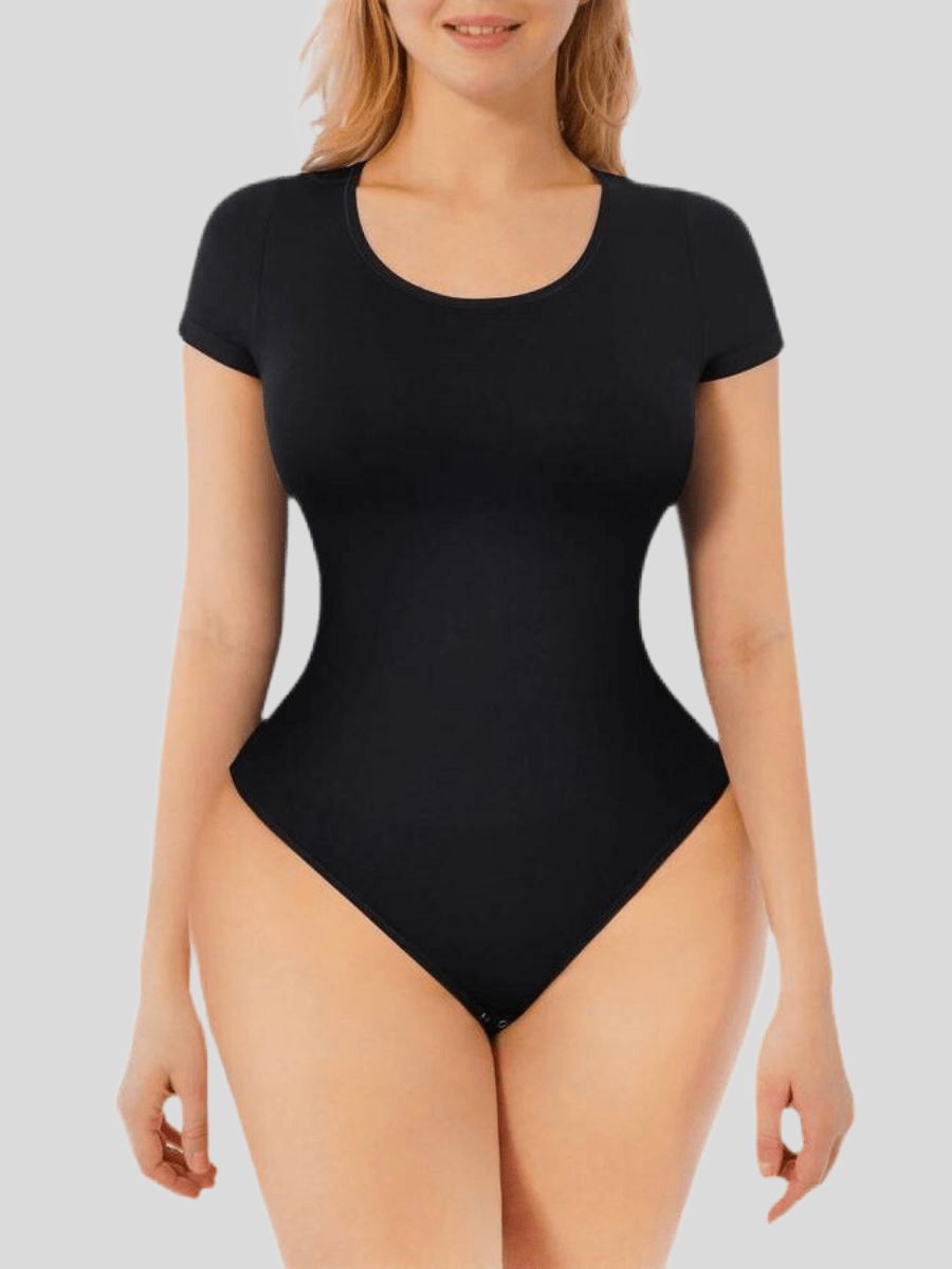 One-Piece Short-Sleeved Thong Bodysuit Black