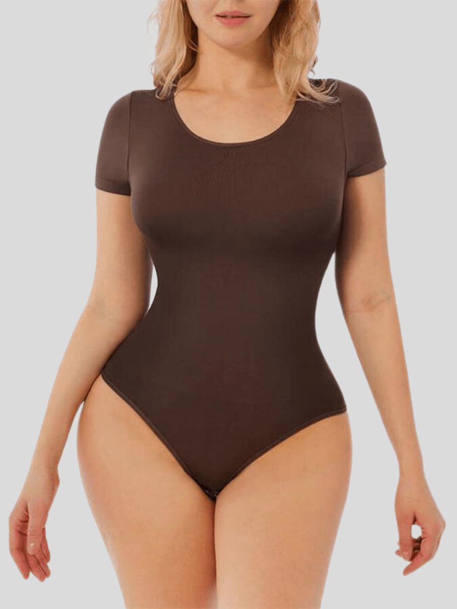 One-Piece Short-Sleeved Thong Bodysuit Brown