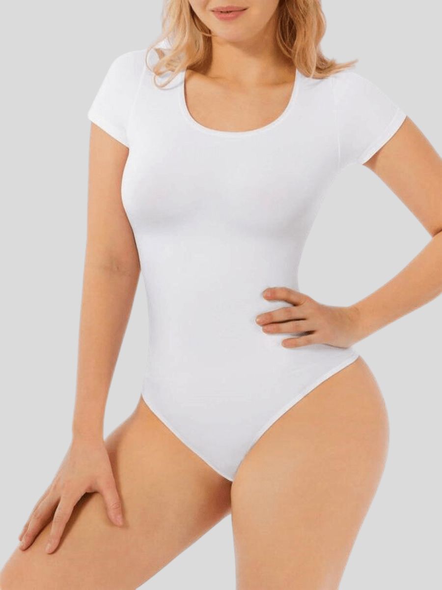 One-Piece Short-Sleeved Thong Bodysuit White