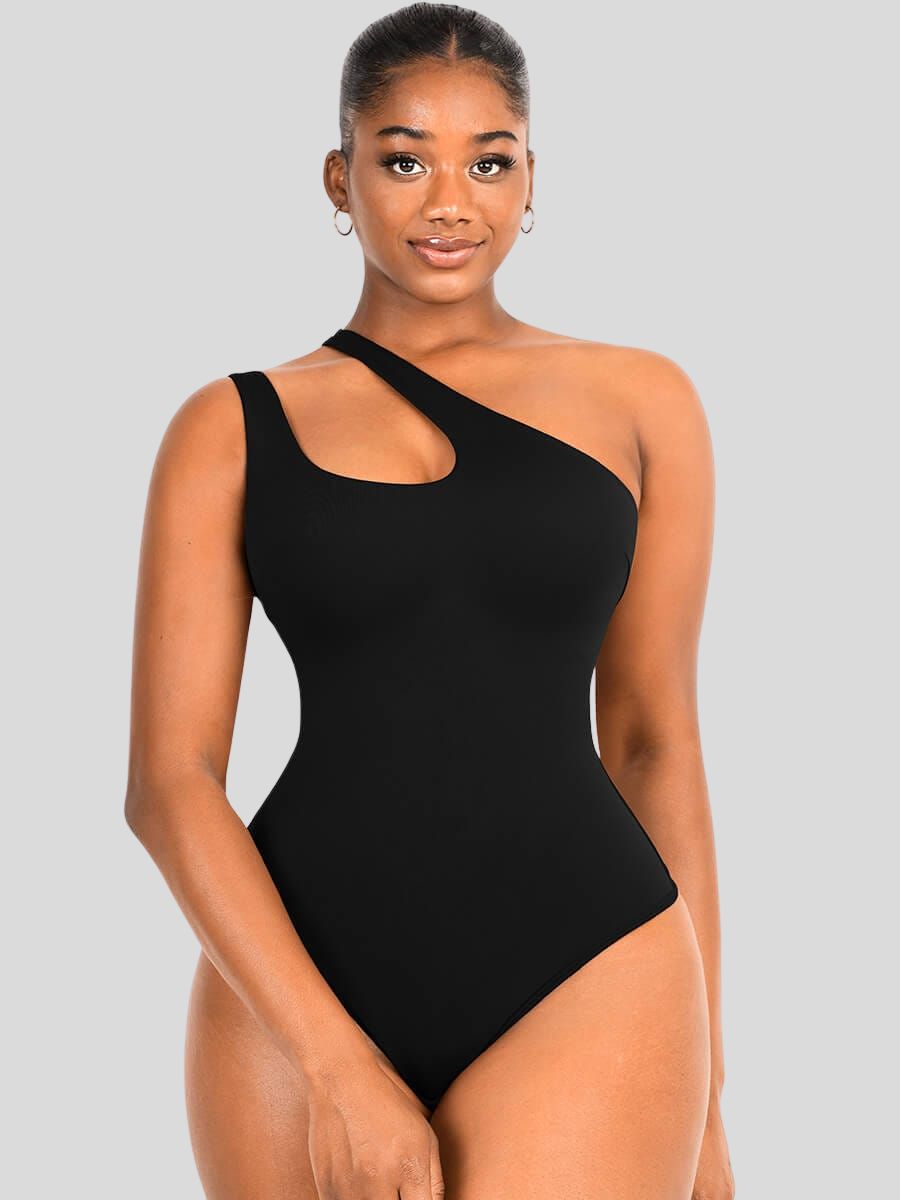 One-shoulder Cut Out Shapewear Bodysuit Black