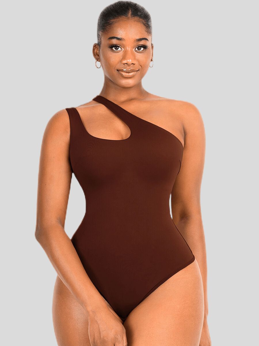 One-shoulder Cut Out Shapewear Bodysuit Dark Brown