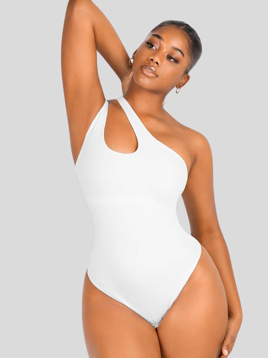 One-shoulder Cut Out Shapewear Bodysuit White