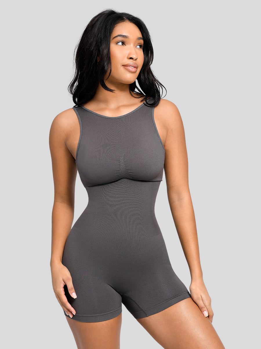 Seamless Sexy Round Neck U Back Shapewear with Removable Cups Gray