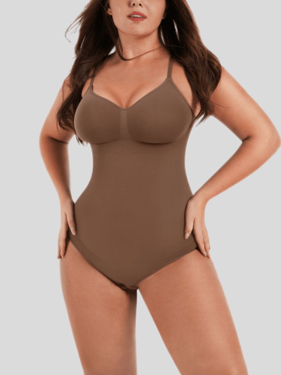 Scultp Covered Bust Jumpsuit Thong Bodysuit Brown