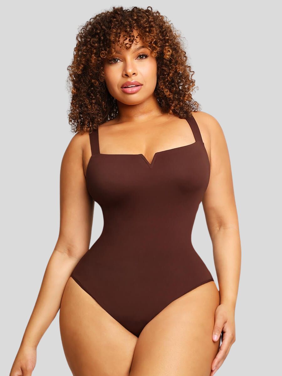 Square Collar Elastic Outerwear Bodysuit Brown