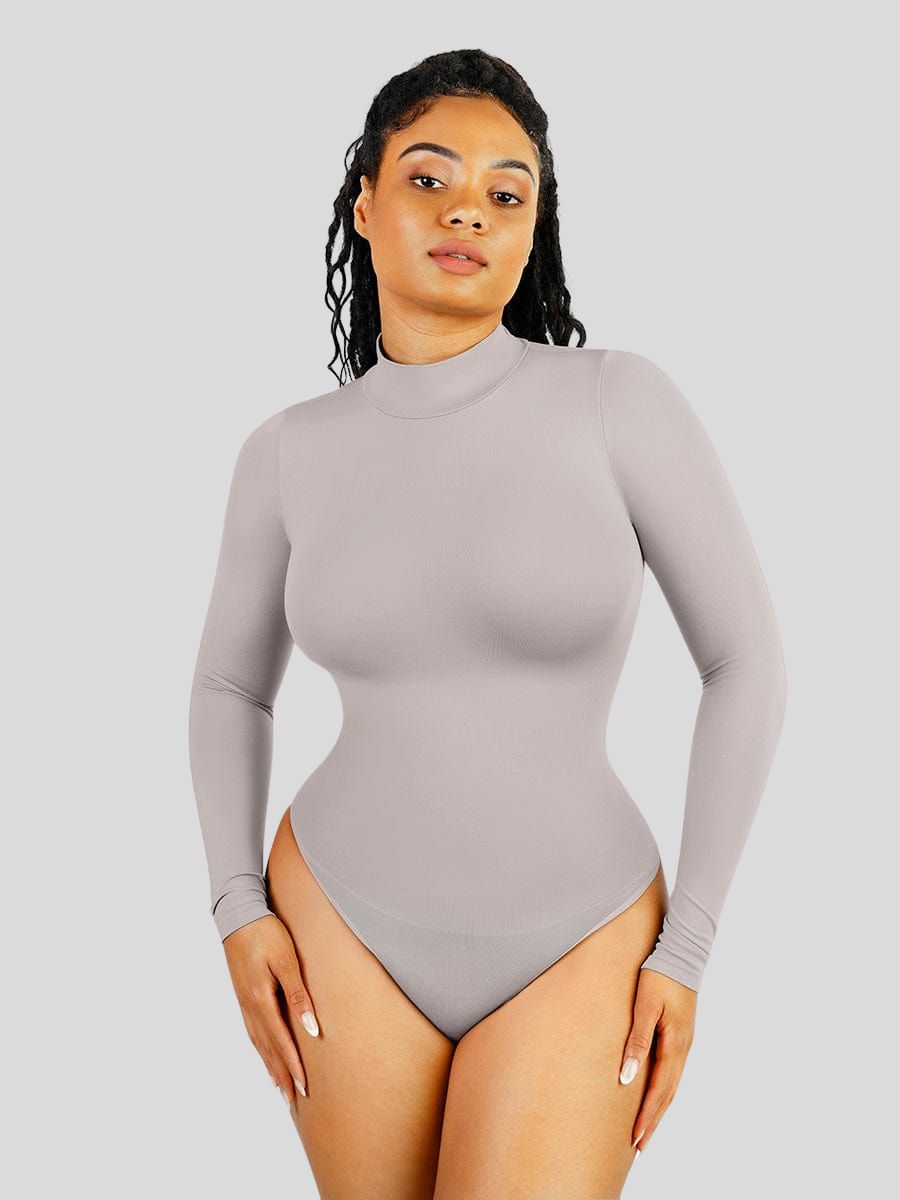 Turtle Neck Long Sleeve Thong Bodysuit Dark Gray