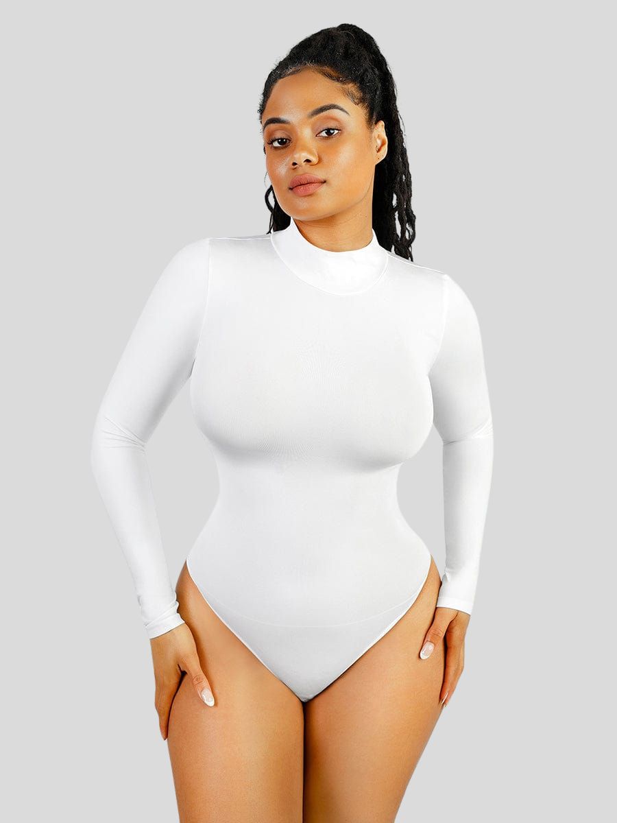 Turtle Neck Long Sleeve Thong Bodysuit White